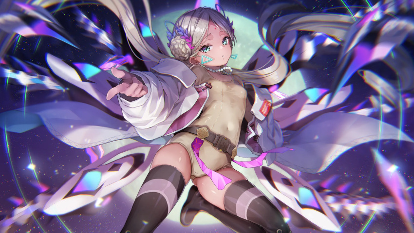 1girl, black_thighhighs, blonde_hair, cowboy_shot, earrings, full_moon, green_eyes, heaven_burns_red