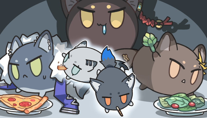 :3, arknights, artichoke_(food), dragon_bubble_(arknights), drooling, food, highres, lappland_(arknights)