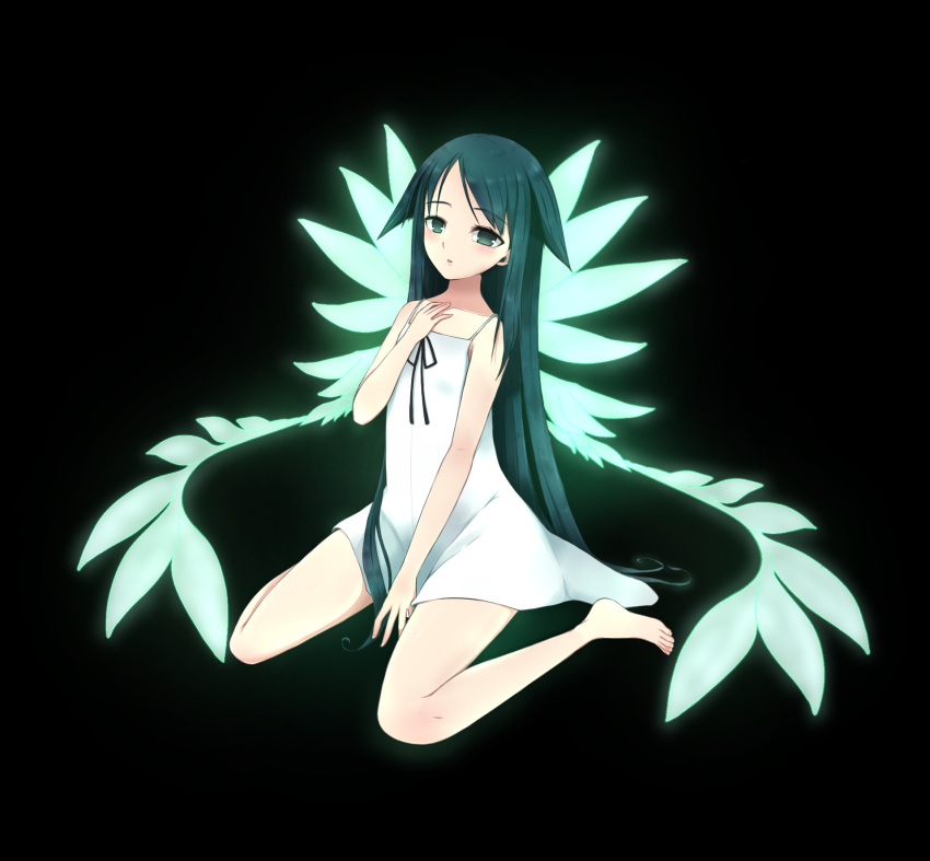 1girl, barefoot, black_background, black_ribbon, blush, collarbone, dress, green_eyes