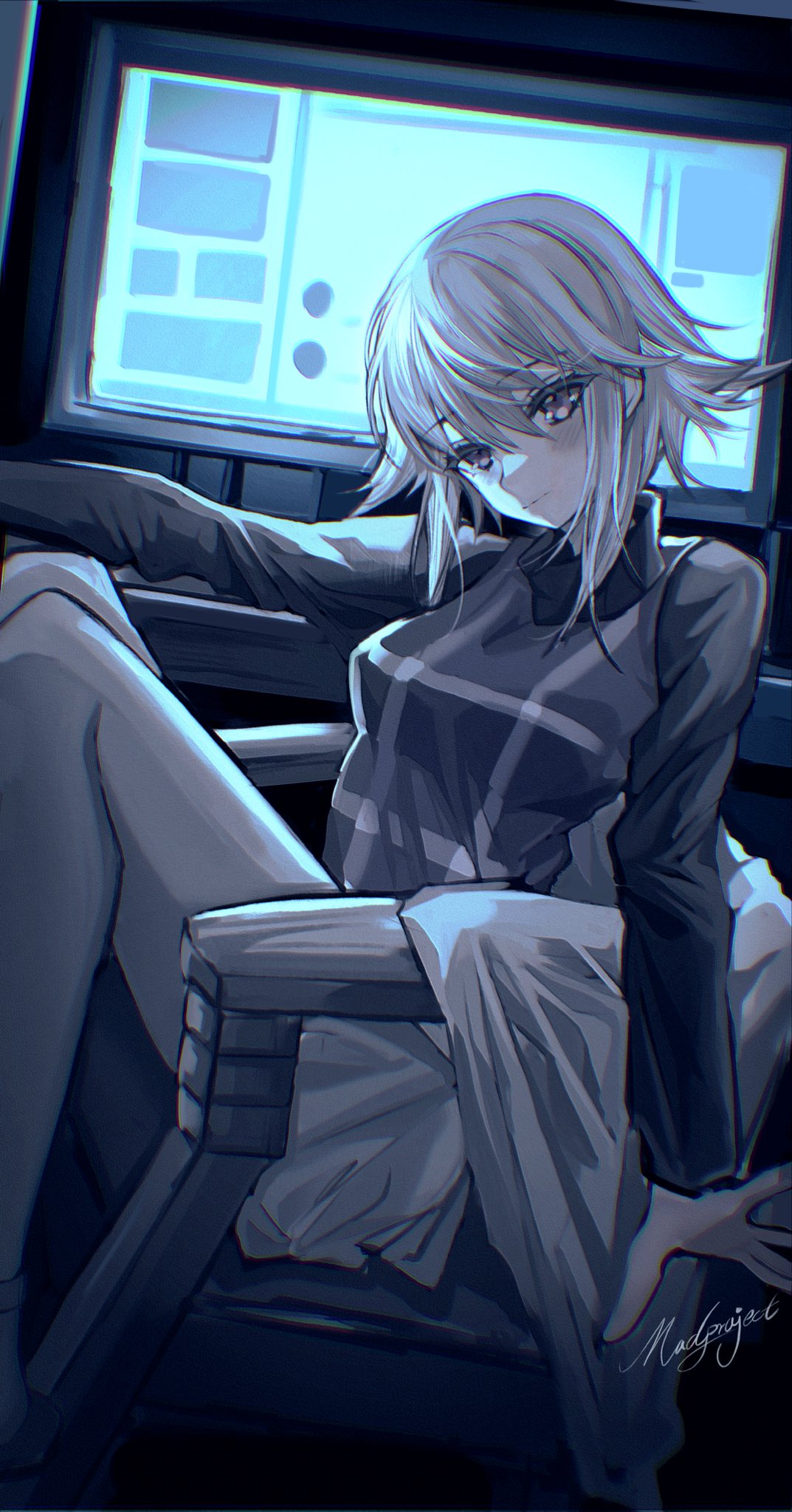 1girl, :|, arm_up, black_shirt, blanket, blonde_hair, blush, chair