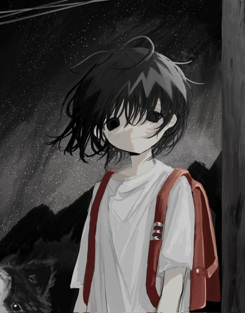 1girl, arms_at_sides, backpack, bag, black_eyes, black_hair, blush, chappy_(takopii_no_genzai)