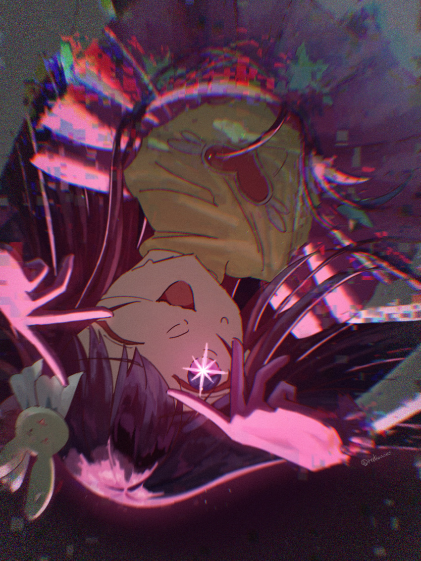 1girl, ;3, brooch, chromatic_aberration, commentary, digital_dissolve, double_v, dress, frilled_dress, frilled_gloves, frills, gloves, hair_ornament, heart, heart_brooch, highres, hoshino_ai's_pose, hoshino_ai_(oshi_no_ko), idol, jewelry, long_hair, one_eye_closed, oshi_no_ko, pink_dress, pink_gloves, purple_hair, rabbit_hair_ornament, redhaaaat, sidelocks, solo, star-shaped_pupils, star_(symbol), symbol-shaped_pupils, turtleneck_dress, twitter_username, upper_body, upside-down, v, violet_eyes