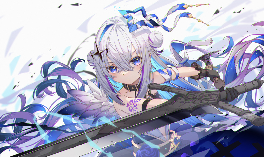 1girl, absurdres, amane_kanata, amane_kanata_(5th_costume), angel_wings, arm_tattoo, black_collar, black_gloves, blue_hair, collar, colored_inner_hair, double_bun, fallen_angel, feathered_wings, gloves, gradient_wings, grey_hair, hair_between_eyes, hair_bun, halo, highres, holding, holding_sword, holding_weapon, hololive, juu_p, long_hair, looking_at_viewer, multicolored_hair, multicolored_wings, official_alternate_costume, single_hair_intake, solo, star_halo, sword, tattoo, violet_eyes, virtual_youtuber, weapon, white_background, wings