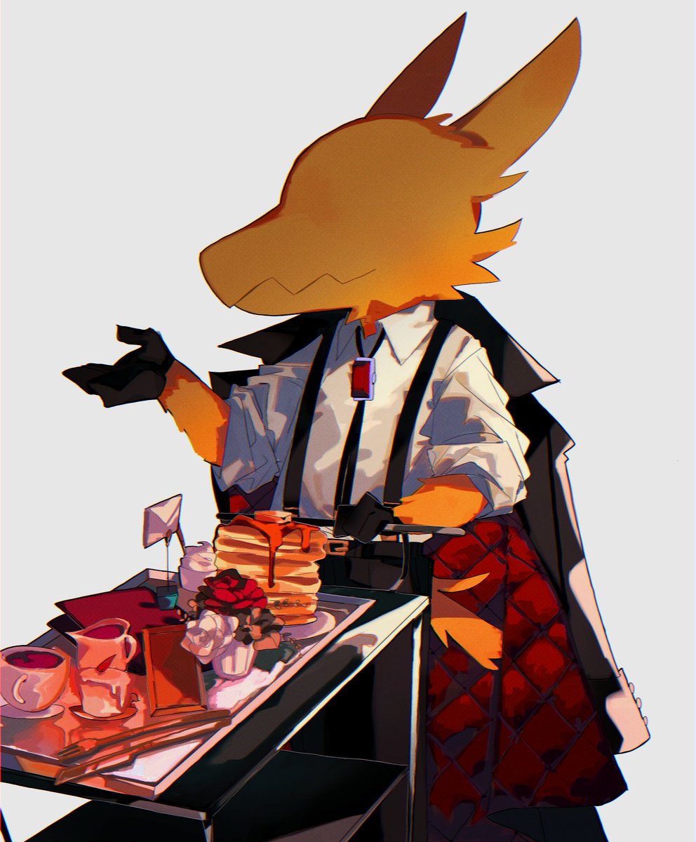 1boy, a_hat_in_time, black_gloves, cake, conductor_(a_hat_in_time), food, gloves, highres