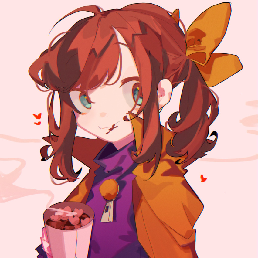 1girl, a_hat_in_time, blue_pupils, brown_hair, cape, coffee, food, hat_kid