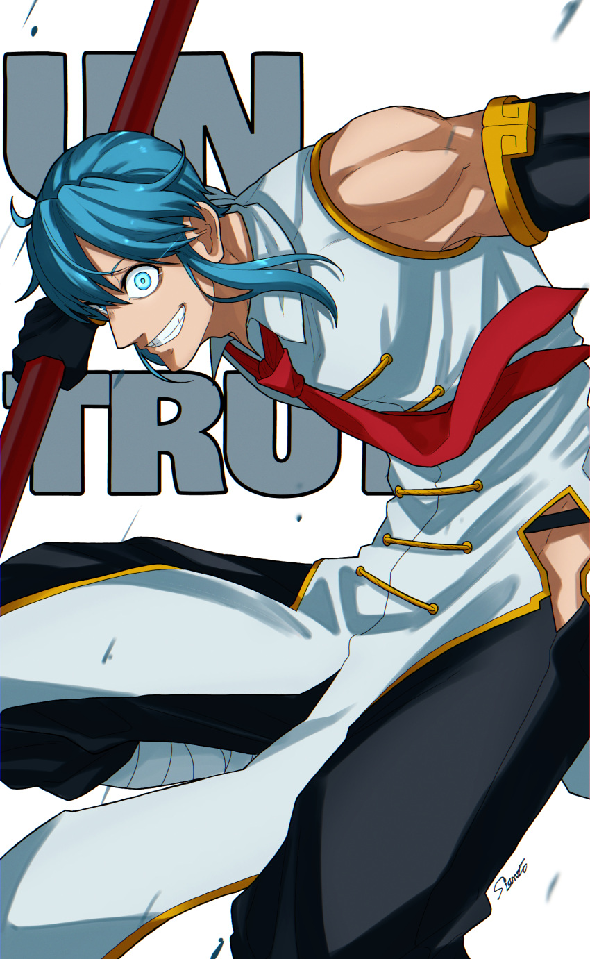 1boy, absurdres, black_gloves, blue_eyes, blue_hair, chinese_clothes, gloves, grin