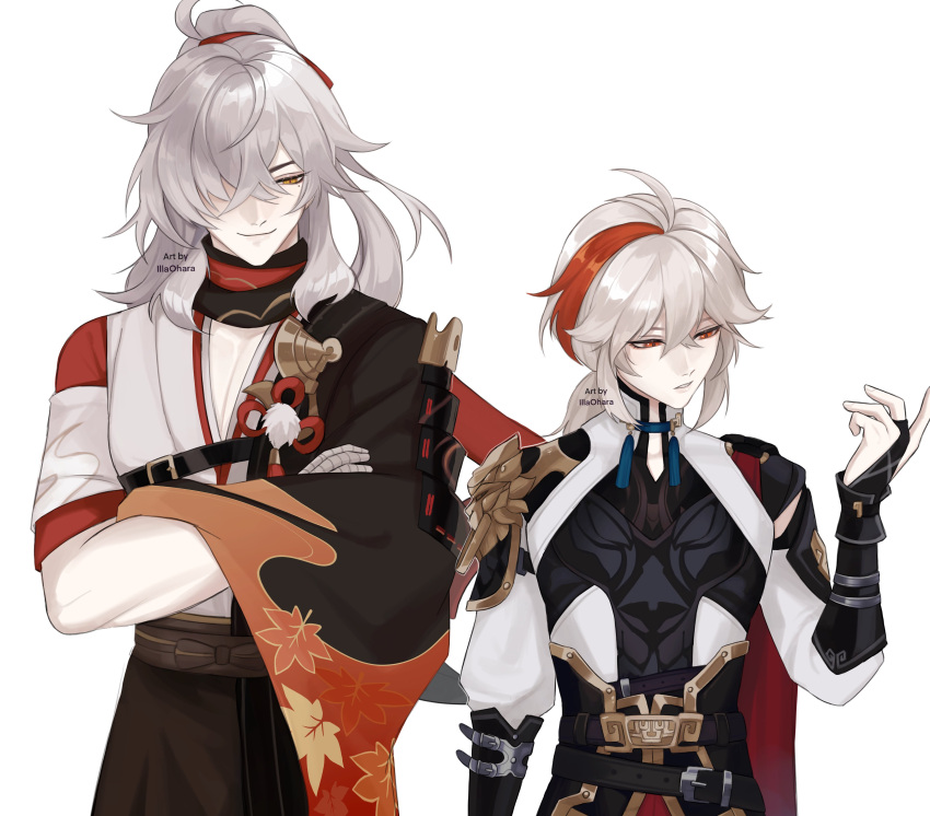 2boys, absurdres, antenna_hair, armor, artist_name, asymmetrical_sleeves, bandaged_hand, bandages