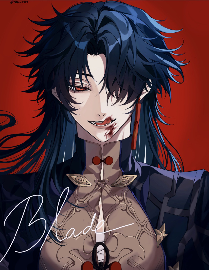 1boy, black_hair, blade_(honkai:_star_rail), blood, blood_on_face, character_name, chinese_commentary, commentary_request