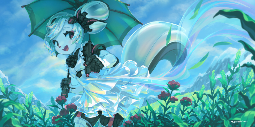 1girl, absurdres, android, artist_name, blue_sky, clouds, cloudy_sky, dated