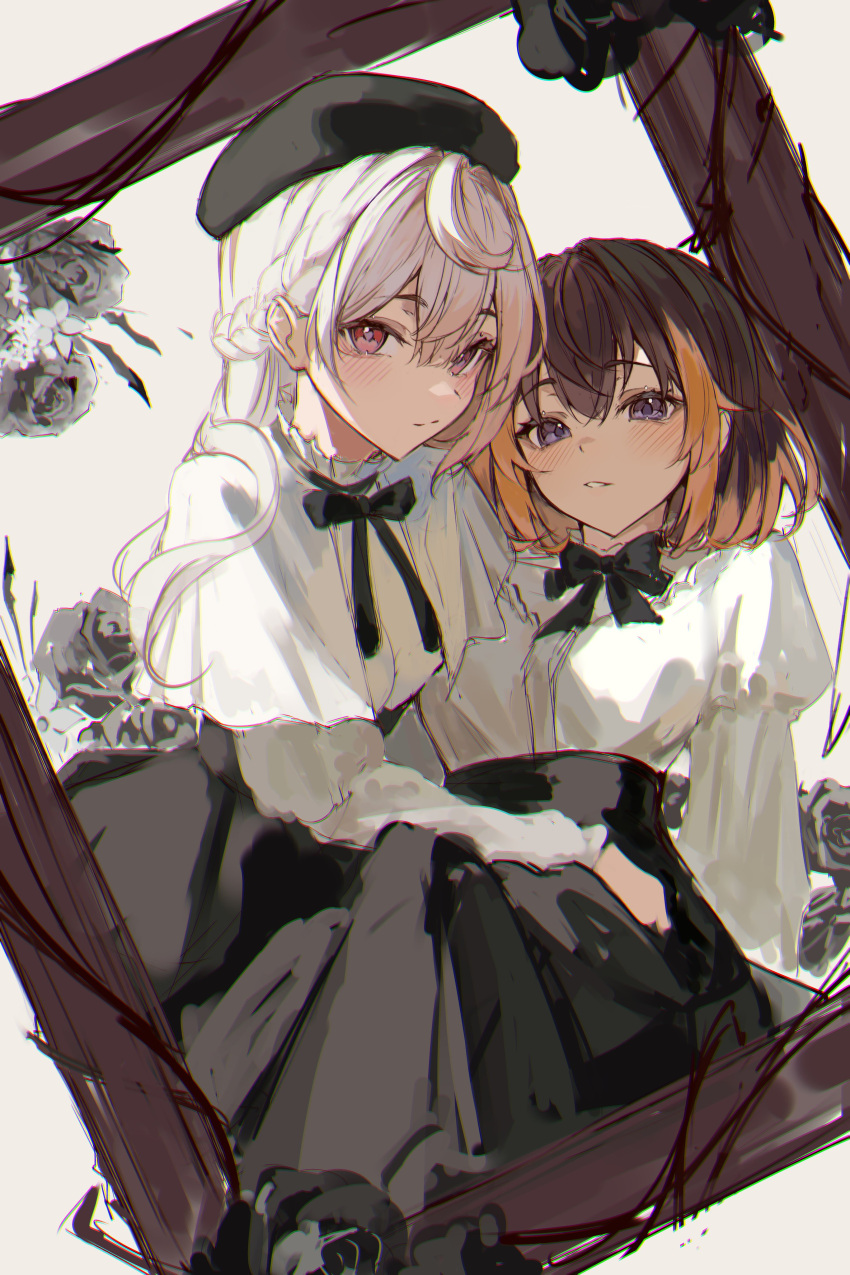 2girls, absurdres, alternate_costume, black_flower, black_hair, black_headwear, black_rose, blue_eyes