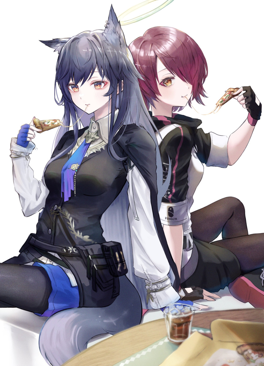2girls, absurdres, angel, animal_ear_fluff, animal_ears, arknights, arm_support, back-to-back