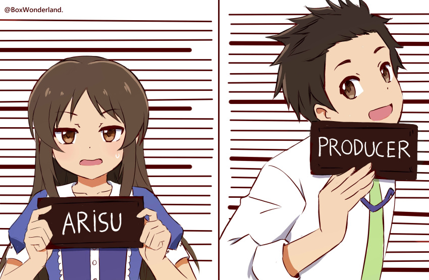 1boy, 1girl, absurdres, barbie_mugshot_(meme), blue_dress, box_wonderland, brown_eyes, brown_hair