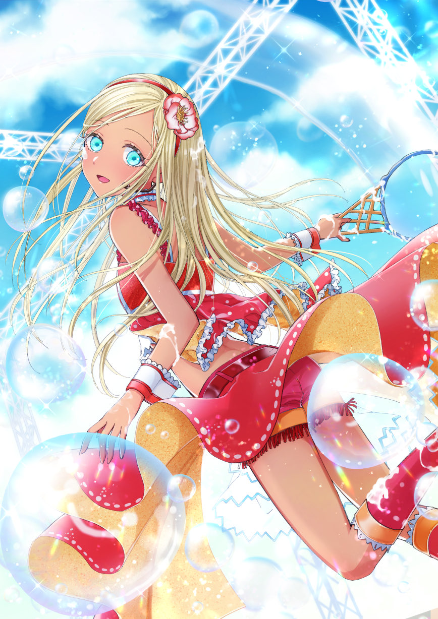 1girl, aqua_eyes, bare_shoulders, belt, bintaptyo, blonde_hair, blue_sky, blurry, blush, boots, breasts, brown_belt, clouds, dark-skinned_female, dark_skin, day, flower, from_behind, hair_flower, hair_ornament, hairband, highres, holding, idolmaster, idolmaster_cinderella_girls, idolmaster_cinderella_girls_starlight_stage, layla_(idolmaster), leg_up, long_hair, looking_at_viewer, looking_back, open_mouth, outdoors, overskirt, pink_flower, polka_dot, polka_dot_shirt, red_footwear, red_hairband, red_shirt, red_shorts, red_skirt, shirt, shorts, skirt, sky, sleeveless, sleeveless_shirt, small_breasts, smile, soap_bubbles, solo, stage, white_wrist_cuffs
