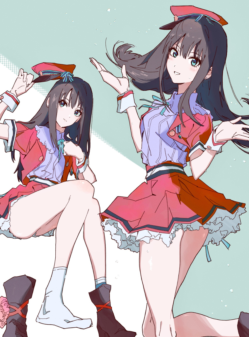 1girl, absurdres, arm_up, black_footwear, bloom_into_me15, blue_ribbon, blush, boots