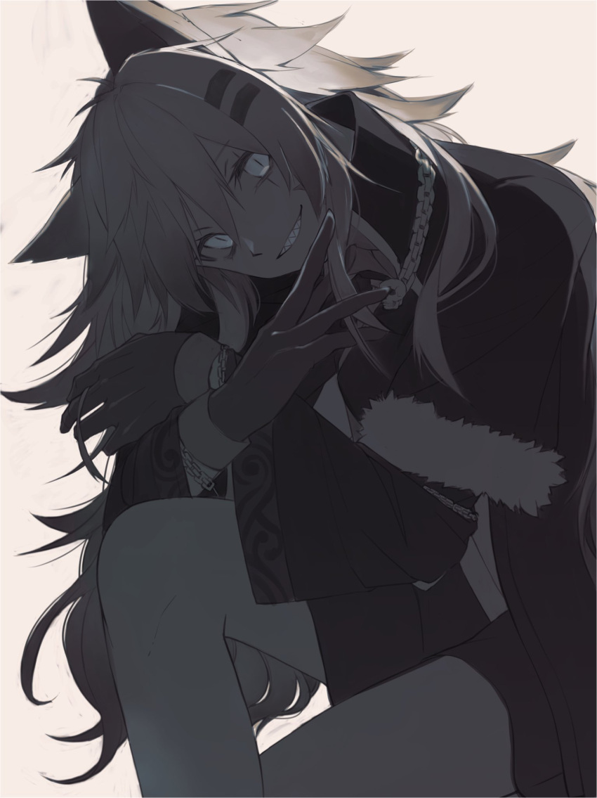 1girl, animal_ears, arknights, black_coat, black_gloves, bracelet, chain, chain_necklace, coat, commentary_request, cowboy_shot, fur-trimmed_sleeves, fur_trim, gloves, grey_eyes, grey_hair, hair_between_eyes, hair_ornament, hairclip, highres, jewelry, lappland_(arknights), lappland_(refined_horrormare)_(arknights), long_hair, looking_at_viewer, moi2m3, monochrome, necklace, official_alternate_costume, scar, scar_across_eye, sharp_teeth, simple_background, skull, smile, solo, teeth, white_background, white_hair, wide_sleeves, wolf_ears, wolf_girl