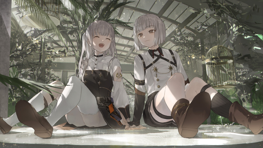 2girls, absurdres, birdcage, black_gloves, black_socks, blunt_bangs, bob_cut, boots