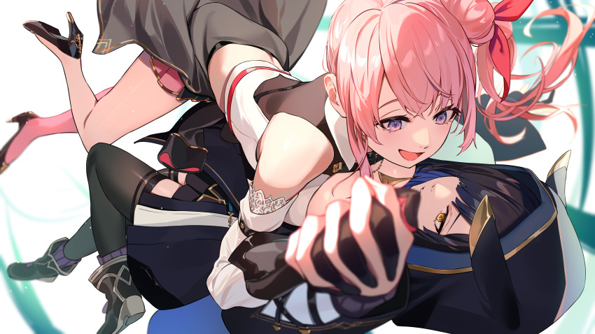 2girls, absurdres, animal_hood, black_footwear, black_gloves, black_jacket, black_skirt, black_thighhighs