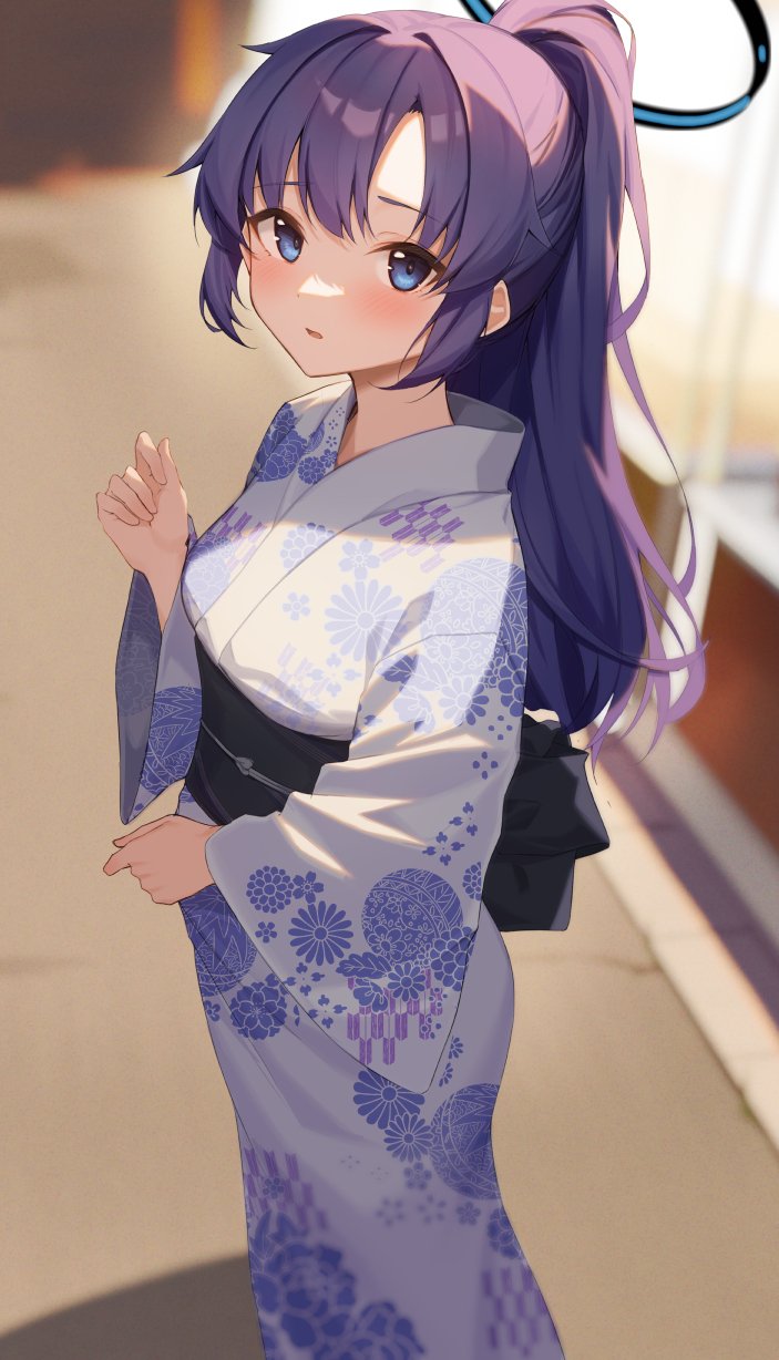 1girl, alternate_costume, alternate_hairstyle, blue_archive, blue_eyes, blush, festival, halo, highres, japanese_clothes, kimono, looking_at_viewer, mechanical_halo, misononasubi, ponytail, print_kimono, solo, summer_festival, violet_eyes, wide_sleeves, yukata, yuuka_(blue_archive)
