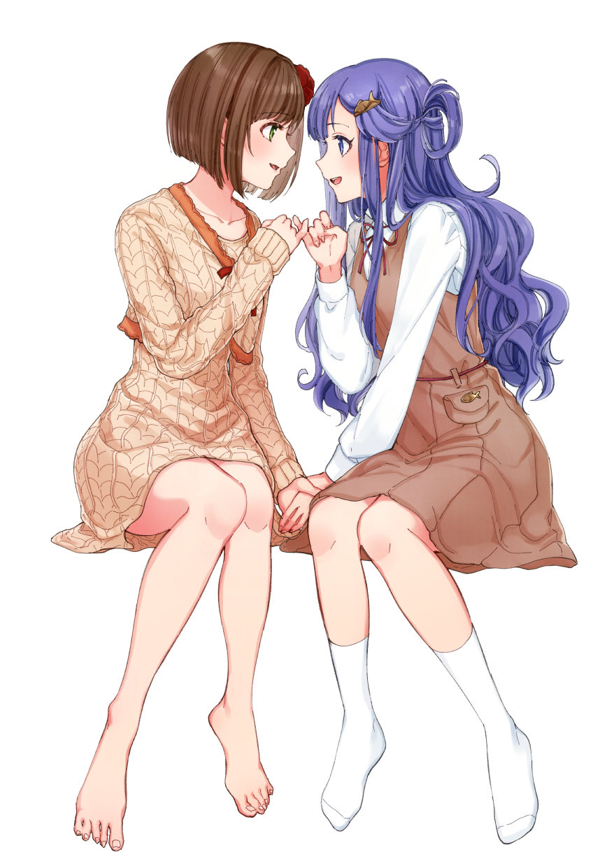 2girls, asari_nanami, barefoot, bintaptyo, blue_eyes, blue_hair, blush, breasts
