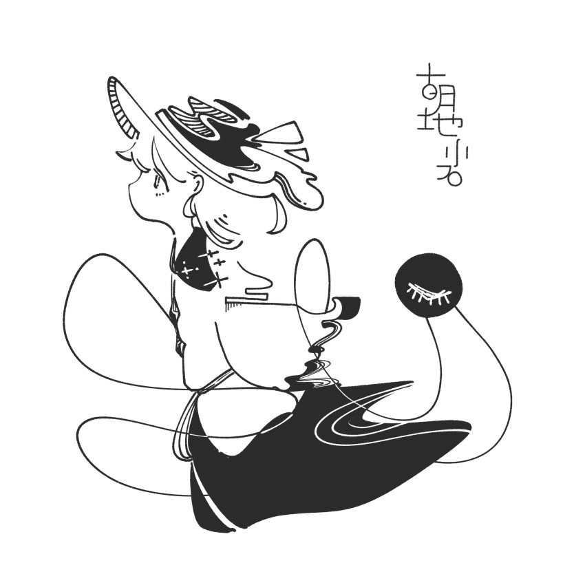 1girl, 3ma_can_omochi, blouse, bow, buttons, character_name, commentary_request, derivative_work, diamond_button, from_side, greyscale, hat, hat_bow, highres, komeiji_koishi, long_sleeves, looking_ahead, medium_hair, minimalism, monochrome, no_mouth, profile, shirt, simple_background, skirt, solo, third_eye, touhou, translation_request, wide_sleeves