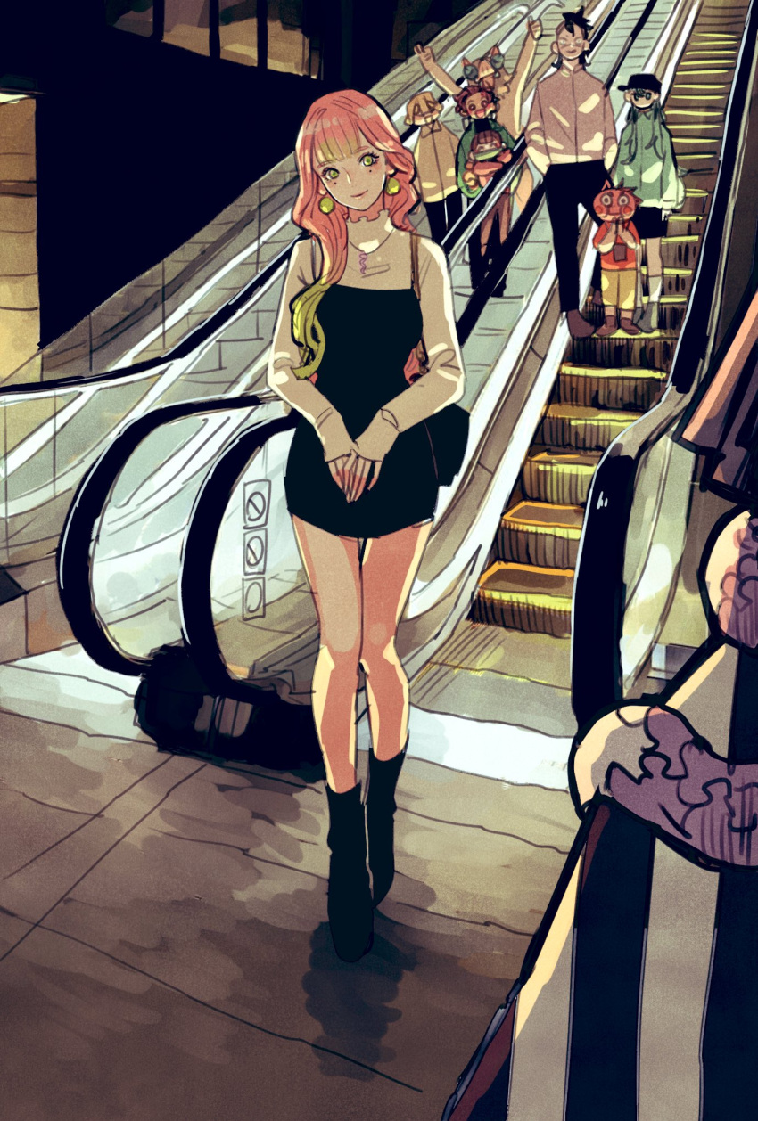 2girls, 6+boys, agatsuma_zenitsu, alternate_costume, alternate_hairstyle, arms_up, asymmetrical_hair, bag