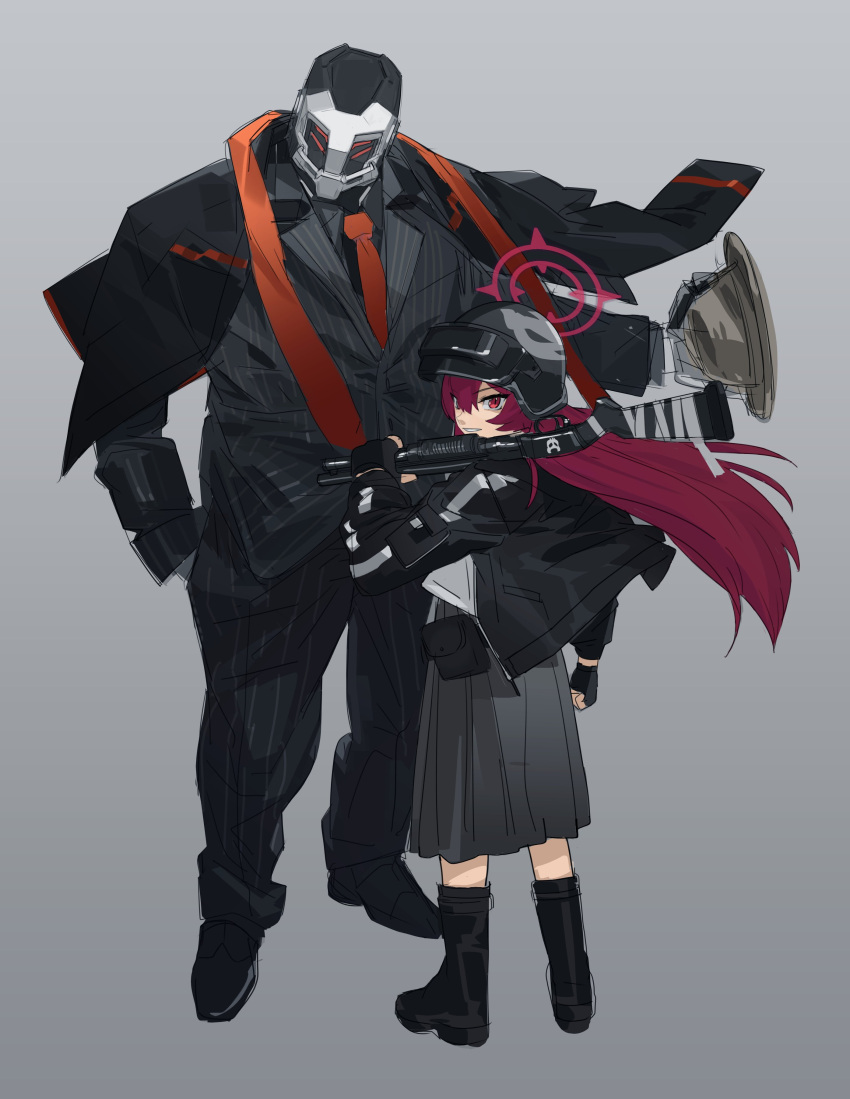 1boy, 1girl, absurdres, altyn_helmet, belt_pouch, black_gloves, black_jacket, black_shirt