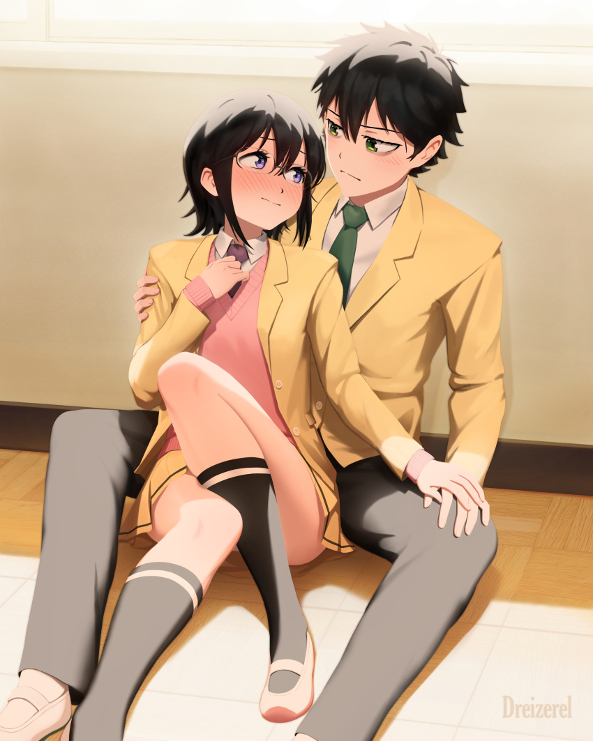1boy, 1girl, absurdres, artist_name, black_hair, blush, collared_shirt, dreizerel