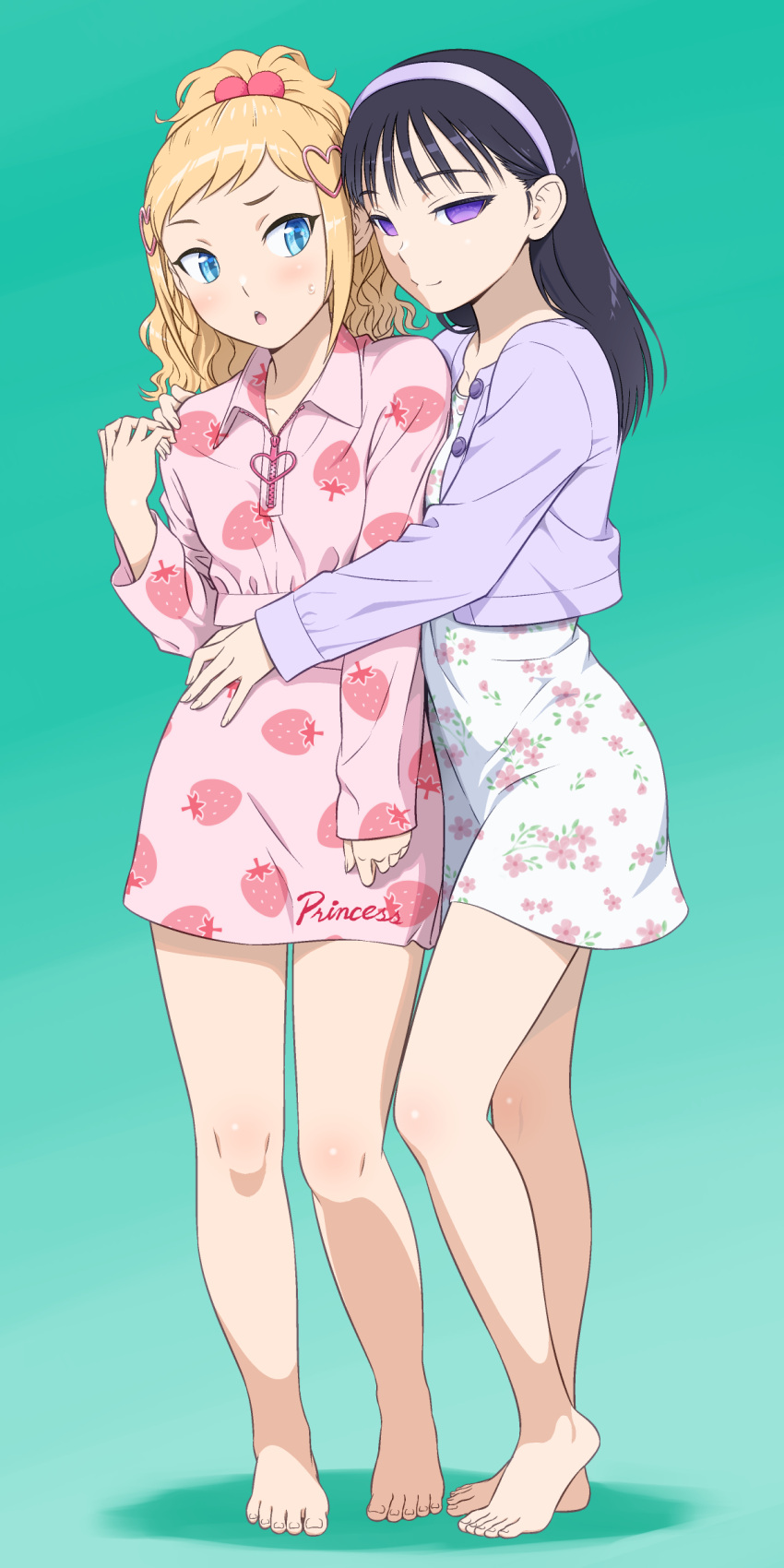2girls, absurdres, barefoot, black_hair, blonde_hair, blue_eyes, buttons, english_text, feet, floral_print, full_body, hair_ornament, headband, heart, heart_hair_ornament, highres, hug, ichikawa_masahiro, legs, mima_sachi, minami_koharu, multiple_girls, pajamas, pink_pajamas, simple_background, toenails, toes, violet_eyes, watashi_ga_motenai_no_wa_dou_kangaetemo_omaera_ga_warui!