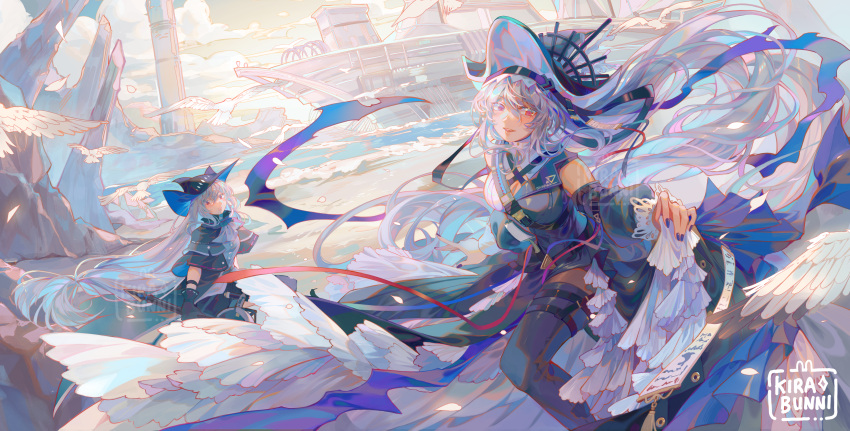 2girls, absurdres, arknights, artist_name, beach, bird, black_dress, black_gloves