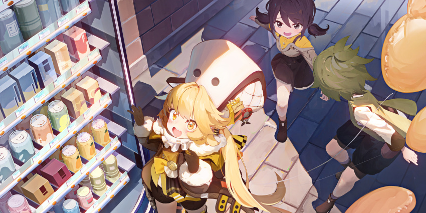 1boy, 2girls, 999kun, balloon, blonde_hair, breasts, female_child, gloves