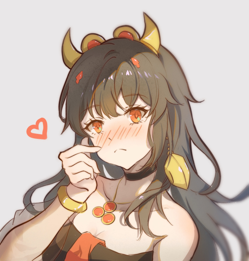 1girl, absurdres, bare_shoulders, black_choker, blush, bracelet, brown_hair, choker, cloudyman, earrings, fake_horns, grey_background, hair_ornament, highres, horns, jewelry, long_hair, lucia:_plume_(eventide_glow)_(punishing:_gray_raven), lucia_(punishing:_gray_raven), necklace, punishing:_gray_raven, red_eyes