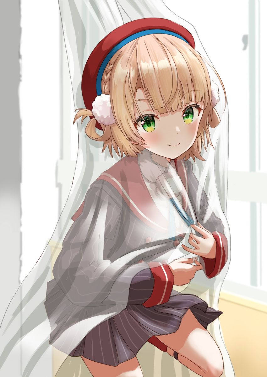 1girl, absurdres, beret, blue_ribbon, braid, cowlick, curtains, green_eyes