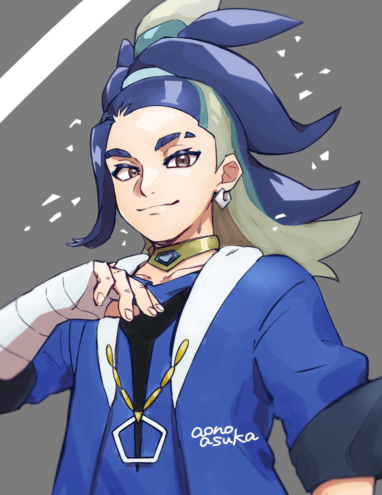 1boy, adaman_(pokemon), aonoasuka, arm_wrap, blue_hair, brown_eyes, collarbone, earrings