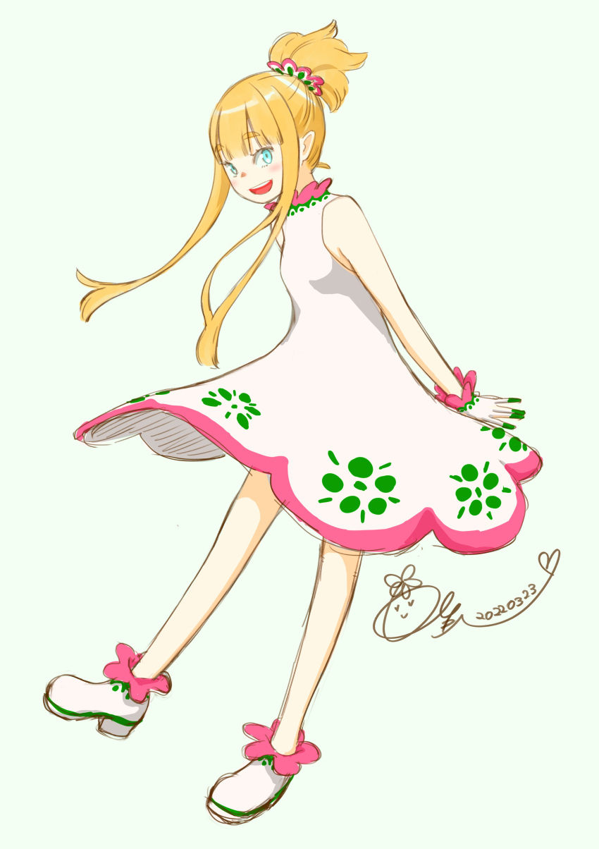 1girl, absurdres, aqua_hair, bare_shoulders, blonde_hair, blush, boots, dress