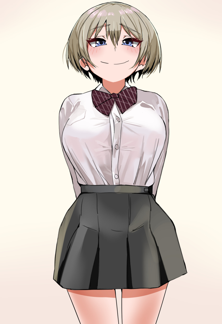 1girl, arms_behind_back, blue_eyes, blush, bow, bowtie, breast_pocket, breasts