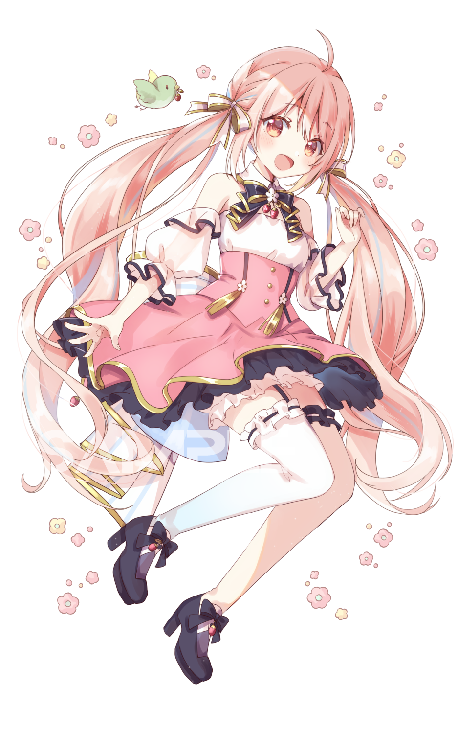 1girl, ahoge, bare_shoulders, black_footwear, bloomers, bridal_garter, detached_collar, dress