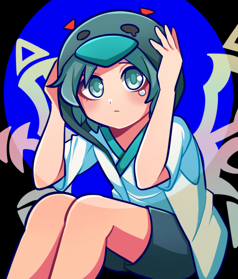 1jumangoku, animal_hood, black_background, blue_circle, blue_eyes, blue_hair, blue_shorts, blush