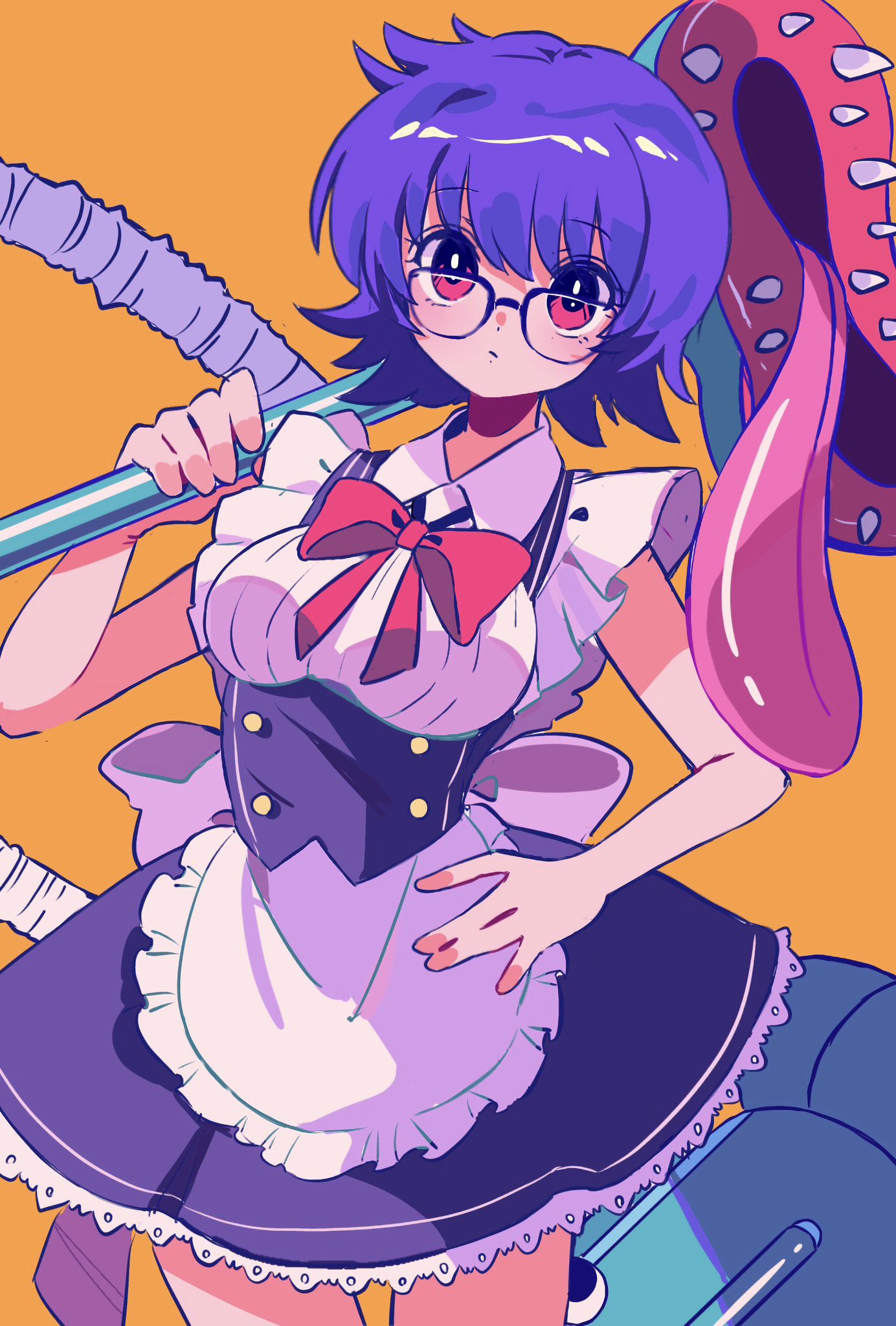 1girl, apron, black-framed_eyewear, black_hair, bow, cowboy_shot, glasses, hand_on_own_hip, highres, hunter_x_hunter, looking_at_viewer, maid, maid_apron, nen_(hunter_x_hunter), orange_background, pink_bow, pink_eyes, sanamaru_(sana79261827), shizuku_murasaki, short_hair, simple_background, sleeveless, solo, vacuum_cleaner