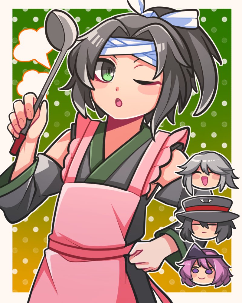 1jumangoku, 4others, =_=, annoyed, apron, bandana, black_hair, black_sleeves