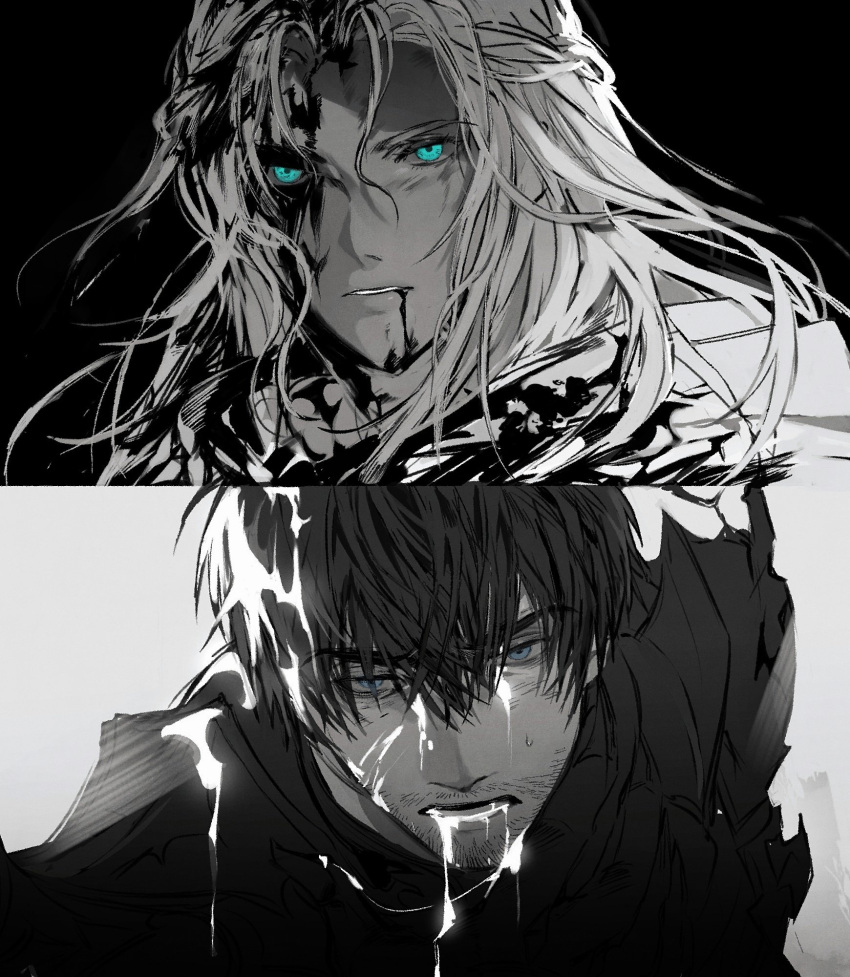 1boy, 1girl, adventurer_(ff14), armor, bleeding, blood, blood_from_mouth, blood_on_clothes