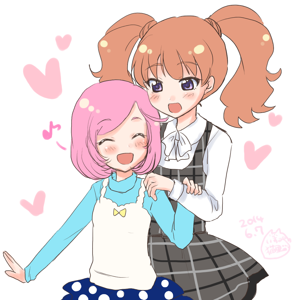 2girls, ascot, ayase_naru, blue_skirt, blush, brown_hair, heart, isumi_nekorin, long_sleeves, miniskirt, miyama_reina, multiple_girls, open_mouth, pink_hair, pretty_(series), pretty_rhythm, pretty_rhythm_dear_my_future, pretty_rhythm_rainbow_live, short_hair, skirt, smile, turtleneck, twintails, violet_eyes, white_background