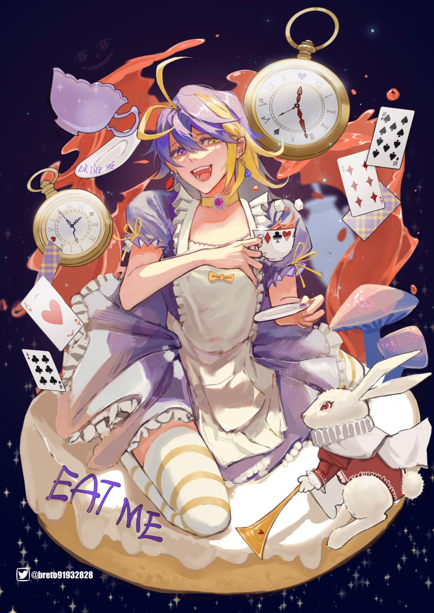 1boy, ace_of_hearts, alice_in_wonderland, antenna_hair, apron, artist_name, aster_arcadia, blonde_hair