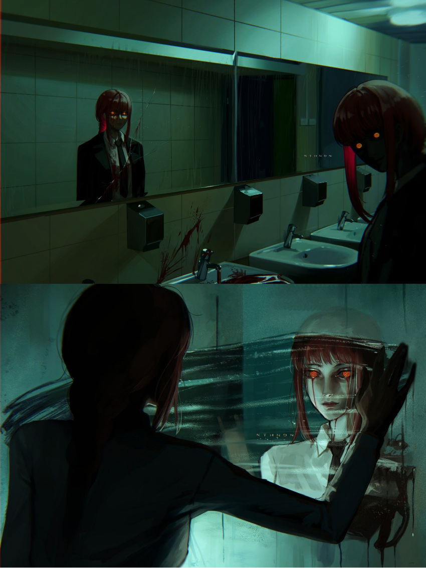 1girl, absurdres, black_necktie, blood, blood_from_eyes, braid, braided_ponytail, business_suit