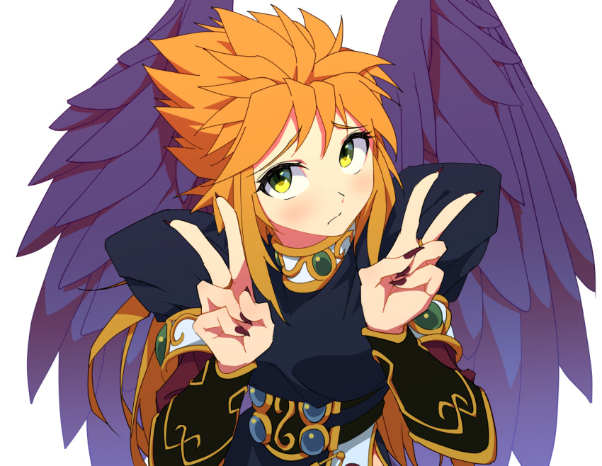 1girl, blonde_hair, breasts, breath_of_fire, breath_of_fire_ii, closed_mouth, double_v, feathered_wings