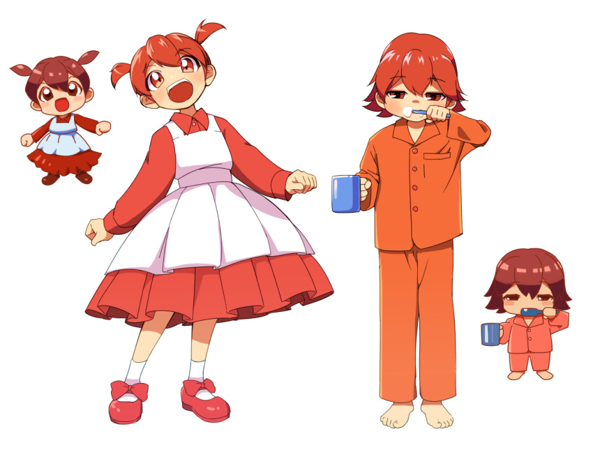 1girl, arc_the_lad, barefoot, bow, brushing_teeth, chibi, choko_(arc_the_lad), dress