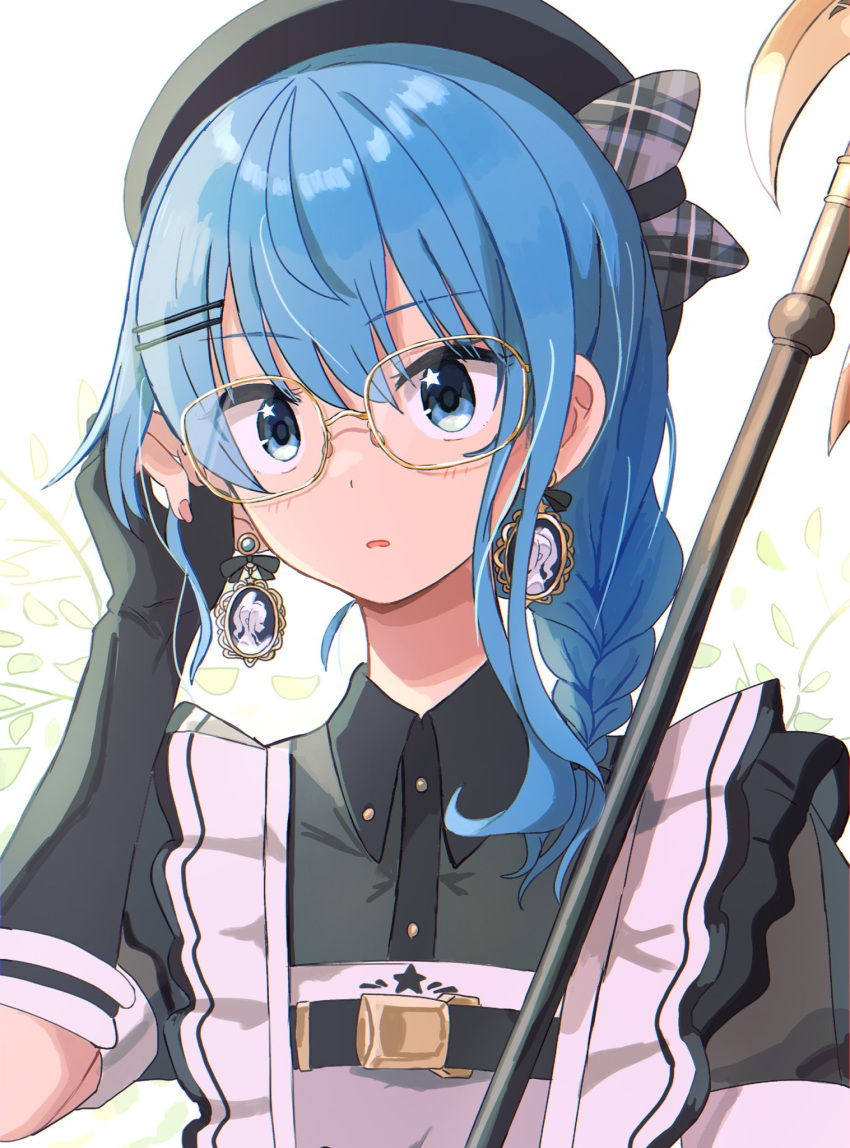 1girl, apron, bardiche_(weapon), beret, black_dress, black_gloves, black_headwear, blue_eyes