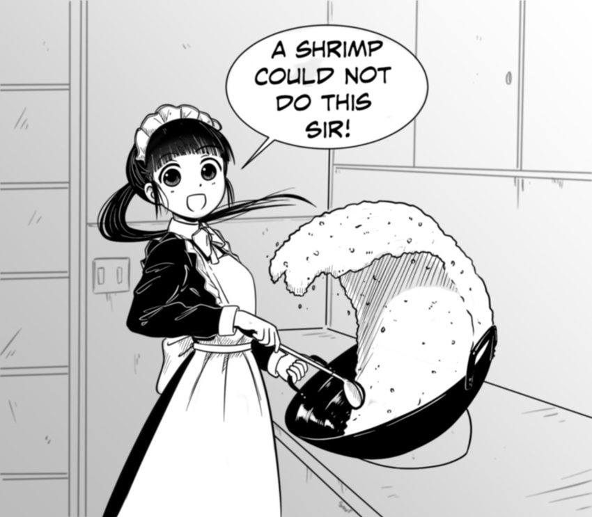 1girl, apron, black_hair, cooking, english_text, food, fried_rice, highres, kitchen, maid, maid_apron, maid_headdress, open_mouth, ponkotsu_ponko, robot_girl, solo, the_sourkraut, wok
