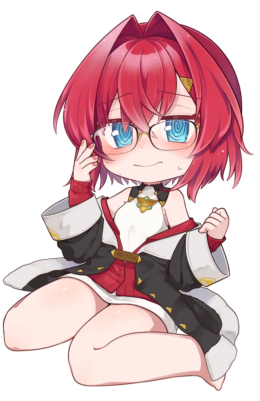 1girl, @_@, ange_katrina, bare_shoulders, barefoot, biting, black_coat, blue_eyes