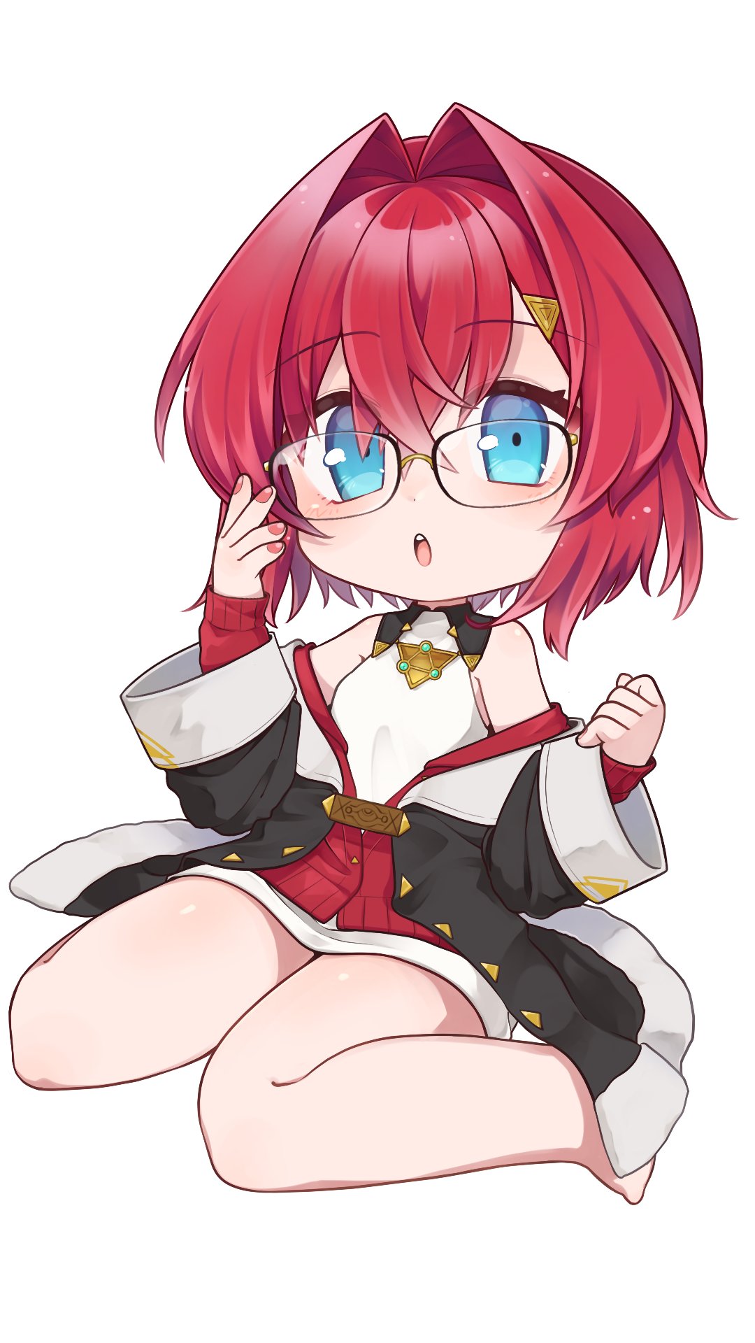 1girl, :o, ange_katrina, bare_shoulders, barefoot, black_coat, blue_eyes, cardigan