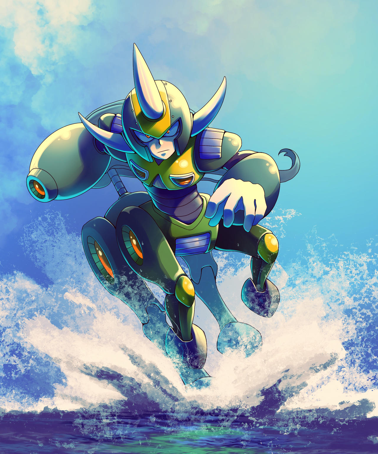 1boy, arm_cannon, centaur, centaur_man, day, fake_horns, full_body, helmet